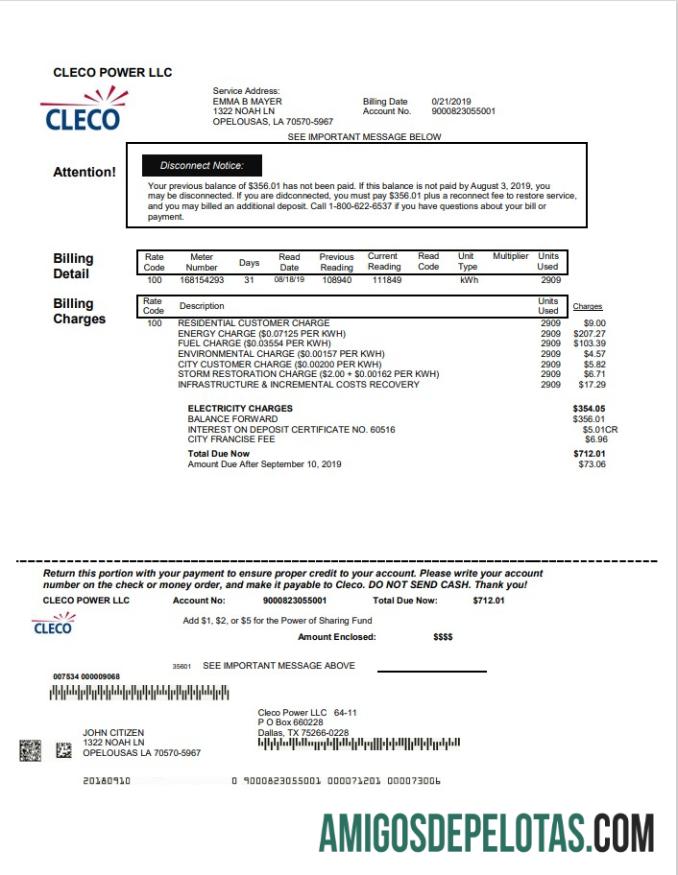 realista Modelo de conta de serviço público de eletricidade da EUA Louisiana Cleco Power em formato Word e PDF